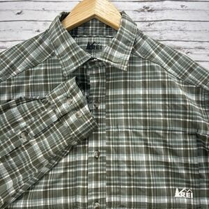 REI Shirt Mens Medium Green Plaid Performance Long Sleeve Vented Outdoor Hiking